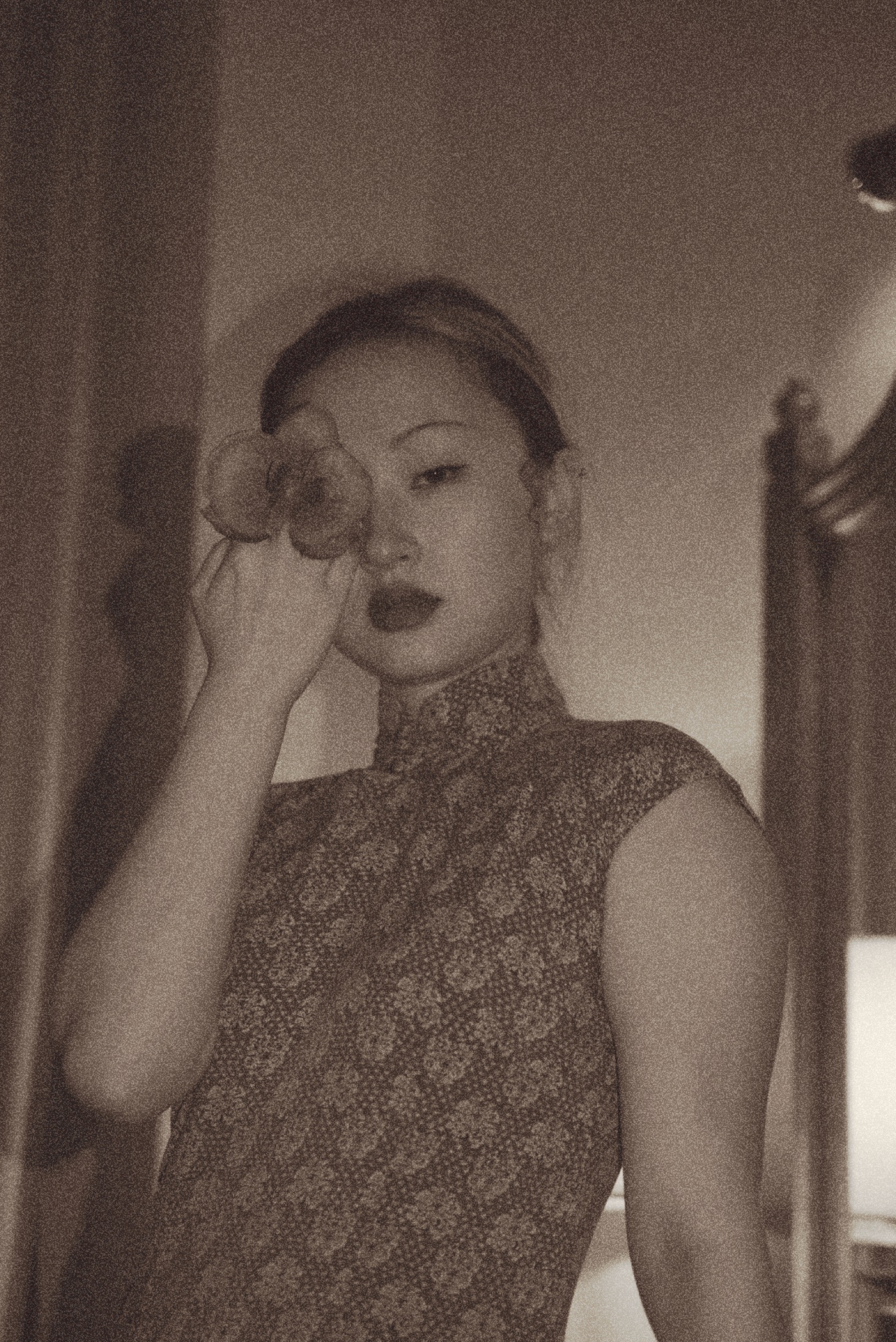 A soft sepia portrait with flowers and shadow