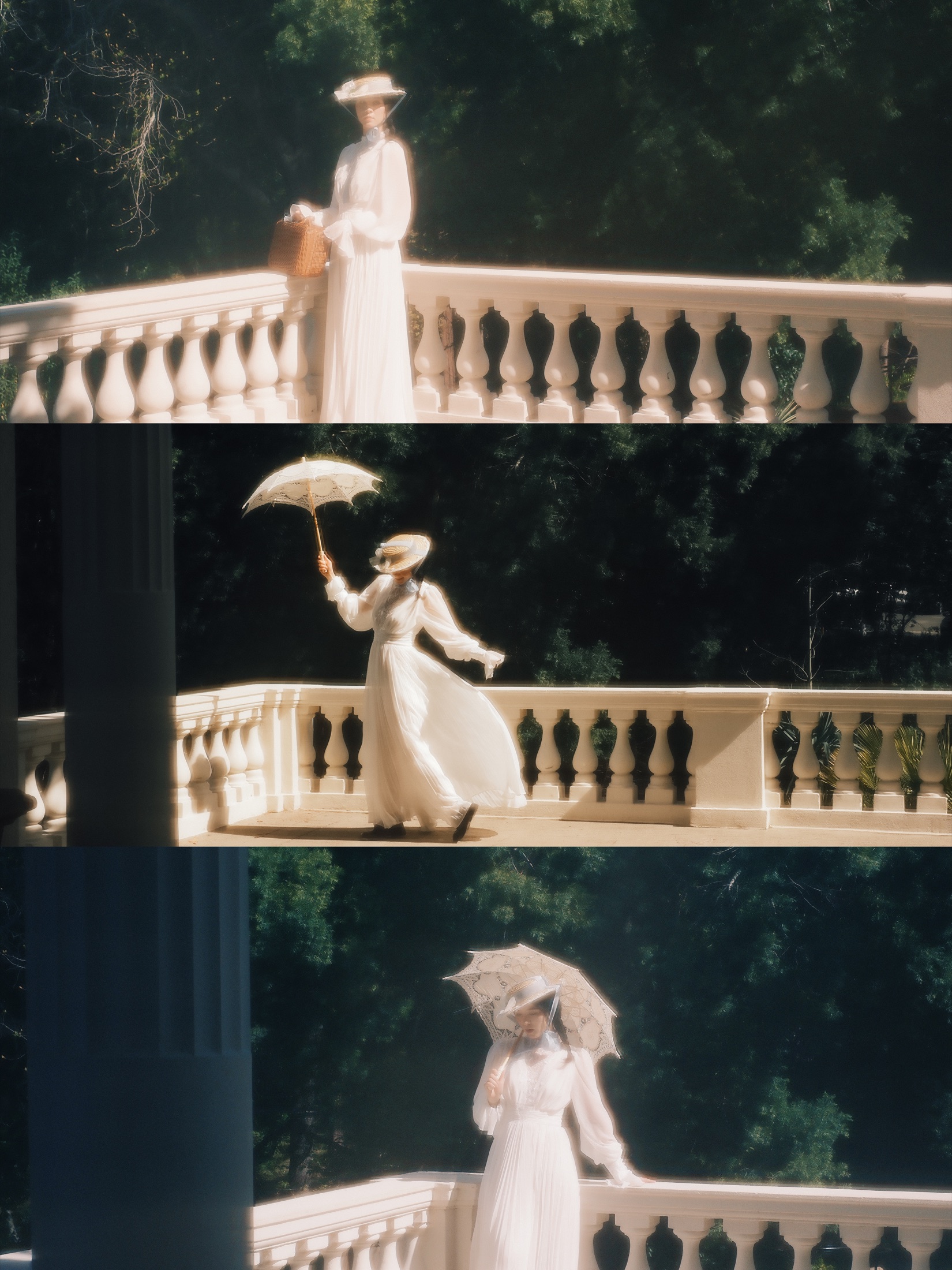 A three-frame study of a woman in white beneath a parasol