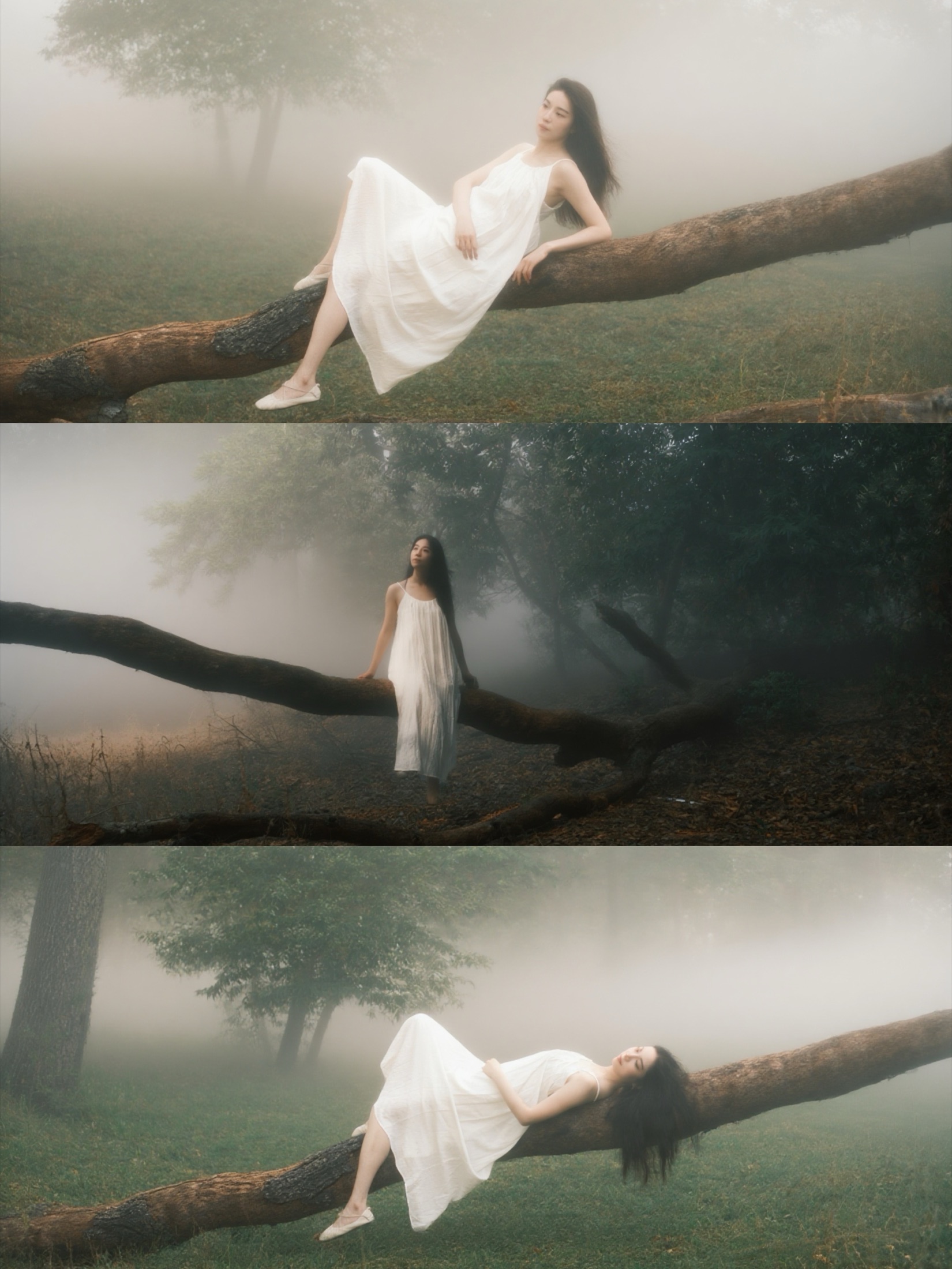 A three-frame portrait sequence in fog and white fabric